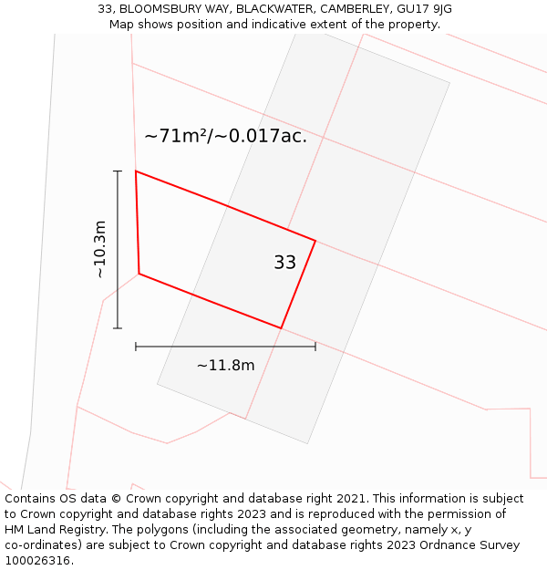 33, BLOOMSBURY WAY, BLACKWATER, CAMBERLEY, GU17 9JG: Plot and title map