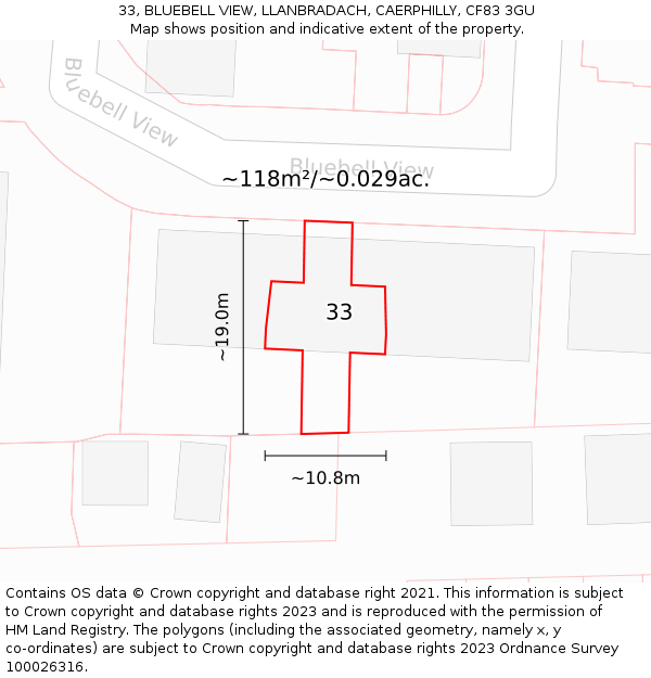 33, BLUEBELL VIEW, LLANBRADACH, CAERPHILLY, CF83 3GU: Plot and title map