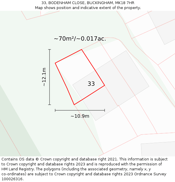 33, BODENHAM CLOSE, BUCKINGHAM, MK18 7HR: Plot and title map