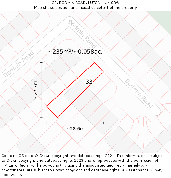 33, BODMIN ROAD, LUTON, LU4 9BW: Plot and title map
