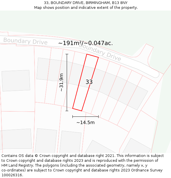 33, BOUNDARY DRIVE, BIRMINGHAM, B13 8NY: Plot and title map