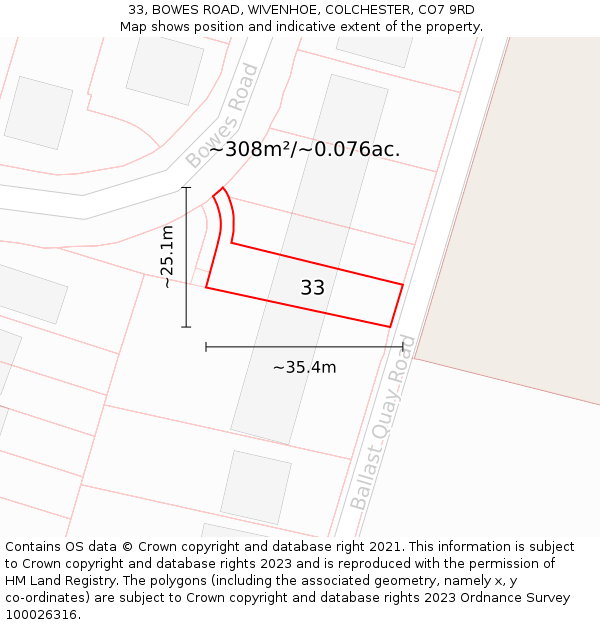 33, BOWES ROAD, WIVENHOE, COLCHESTER, CO7 9RD: Plot and title map