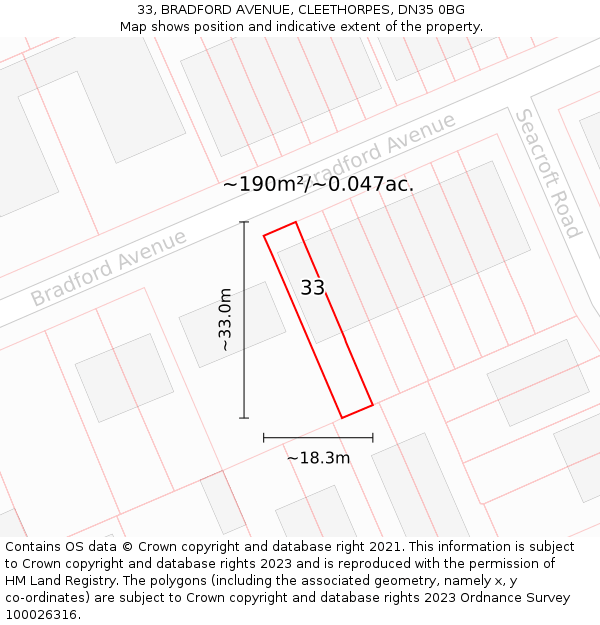 33, BRADFORD AVENUE, CLEETHORPES, DN35 0BG: Plot and title map