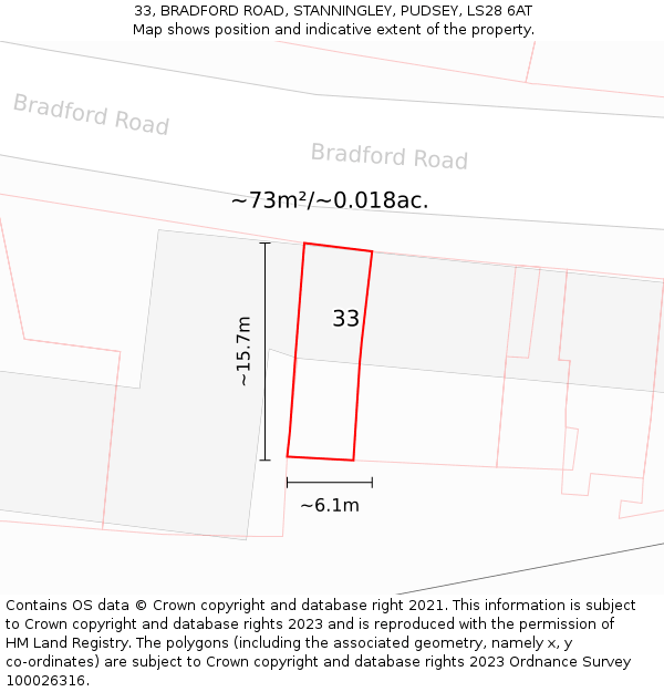 33, BRADFORD ROAD, STANNINGLEY, PUDSEY, LS28 6AT: Plot and title map