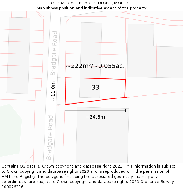 33, BRADGATE ROAD, BEDFORD, MK40 3GD: Plot and title map