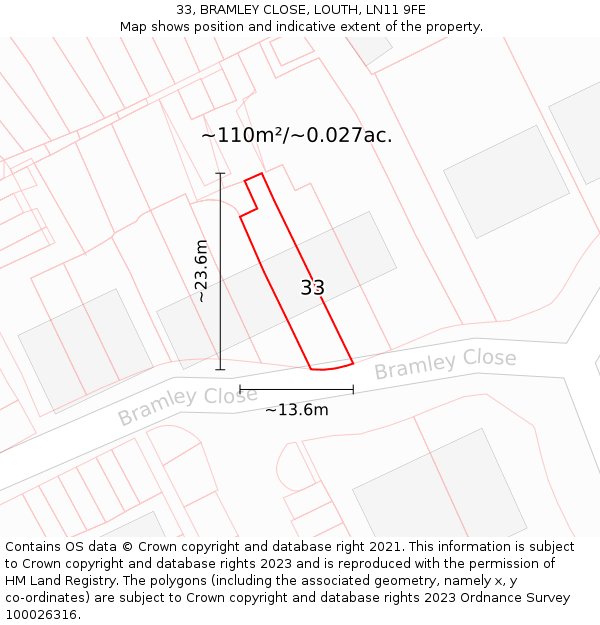 33, BRAMLEY CLOSE, LOUTH, LN11 9FE: Plot and title map
