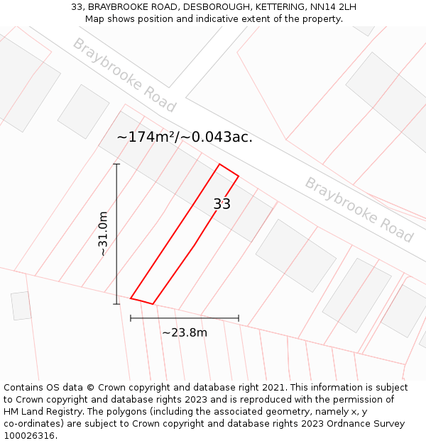 33, BRAYBROOKE ROAD, DESBOROUGH, KETTERING, NN14 2LH: Plot and title map