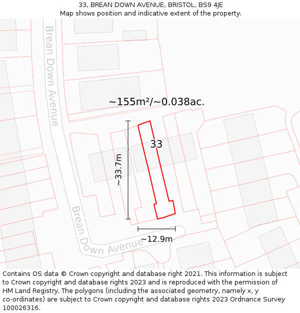 33, BREAN DOWN AVENUE, BRISTOL, BS9 4JE: Plot and title map