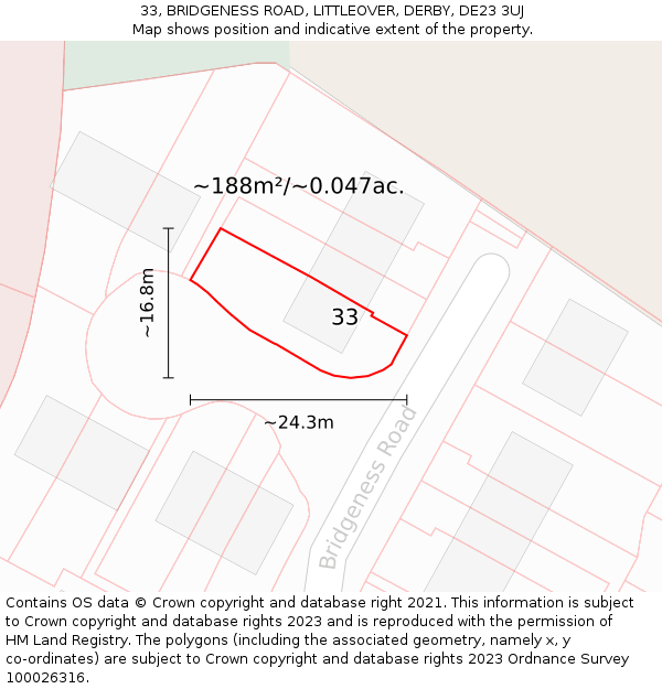 33, BRIDGENESS ROAD, LITTLEOVER, DERBY, DE23 3UJ: Plot and title map