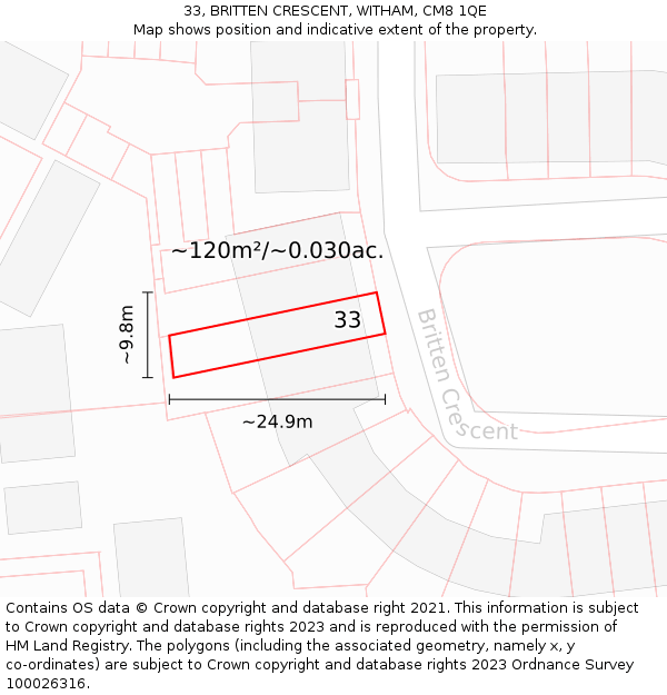 33, BRITTEN CRESCENT, WITHAM, CM8 1QE: Plot and title map
