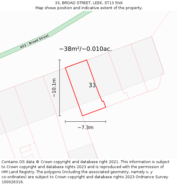 33, BROAD STREET, LEEK, ST13 5NX: Plot and title map