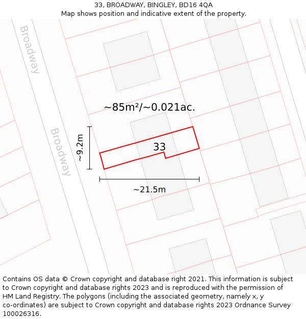 33, BROADWAY, BINGLEY, BD16 4QA: Plot and title map