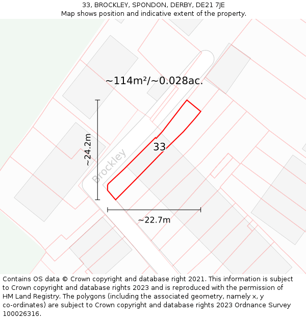 33, BROCKLEY, SPONDON, DERBY, DE21 7JE: Plot and title map