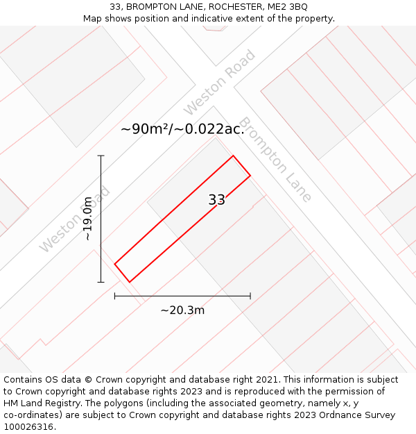 33, BROMPTON LANE, ROCHESTER, ME2 3BQ: Plot and title map