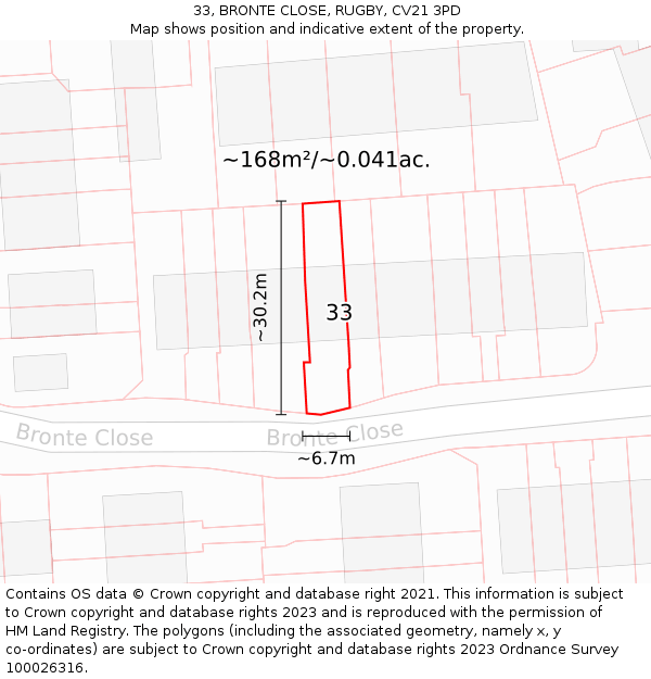 33, BRONTE CLOSE, RUGBY, CV21 3PD: Plot and title map