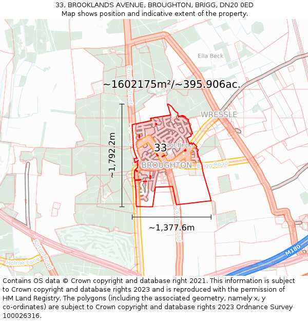 33, BROOKLANDS AVENUE, BROUGHTON, BRIGG, DN20 0ED: Plot and title map