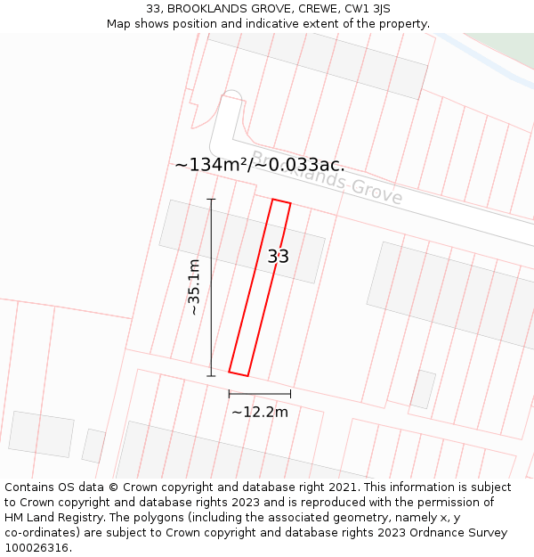 33, BROOKLANDS GROVE, CREWE, CW1 3JS: Plot and title map
