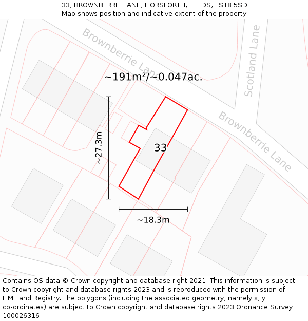33, BROWNBERRIE LANE, HORSFORTH, LEEDS, LS18 5SD: Plot and title map