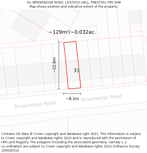 33, BROWNEDGE ROAD, LOSTOCK HALL, PRESTON, PR5 5AB: Plot and title map