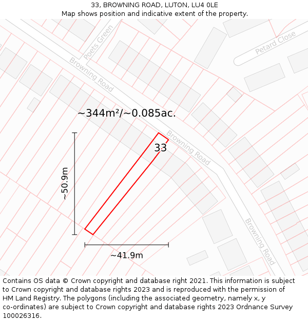 33, BROWNING ROAD, LUTON, LU4 0LE: Plot and title map