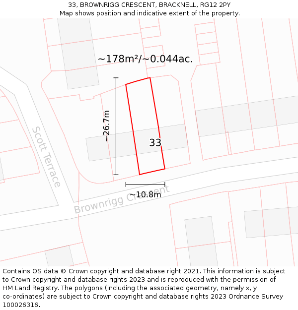 33, BROWNRIGG CRESCENT, BRACKNELL, RG12 2PY: Plot and title map