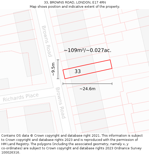 33, BROWNS ROAD, LONDON, E17 4RN: Plot and title map