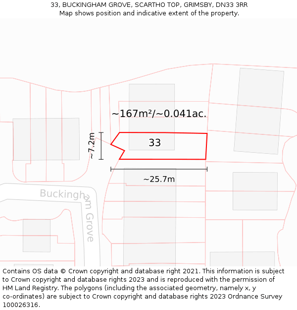 33, BUCKINGHAM GROVE, SCARTHO TOP, GRIMSBY, DN33 3RR: Plot and title map