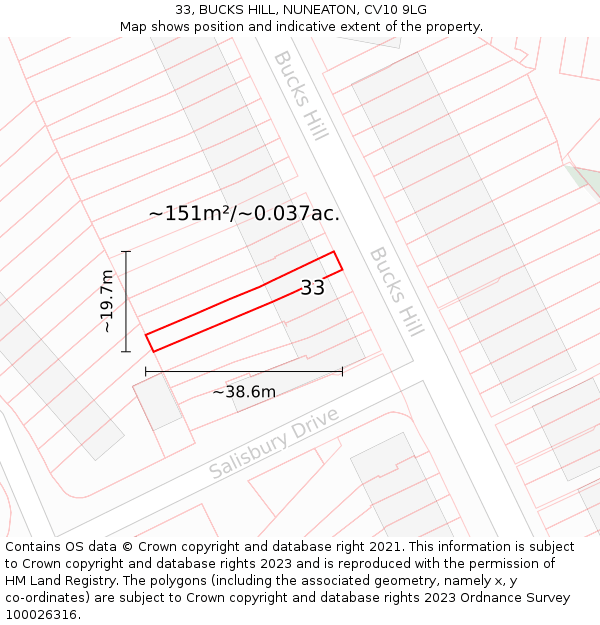33, BUCKS HILL, NUNEATON, CV10 9LG: Plot and title map