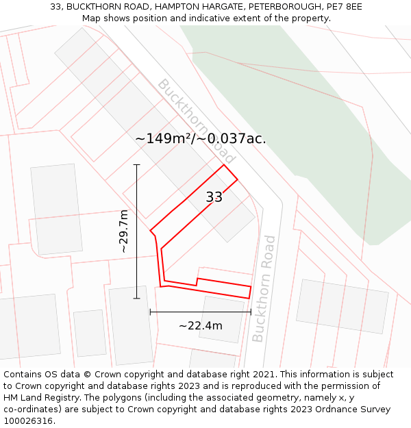 33, BUCKTHORN ROAD, HAMPTON HARGATE, PETERBOROUGH, PE7 8EE: Plot and title map