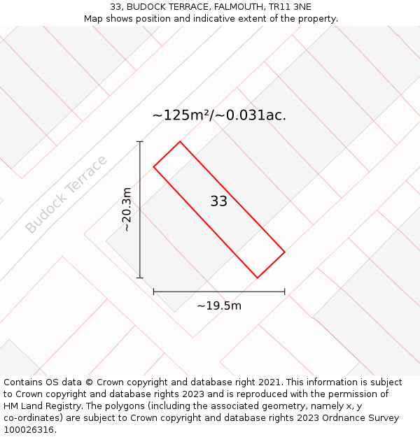 33, BUDOCK TERRACE, FALMOUTH, TR11 3NE: Plot and title map