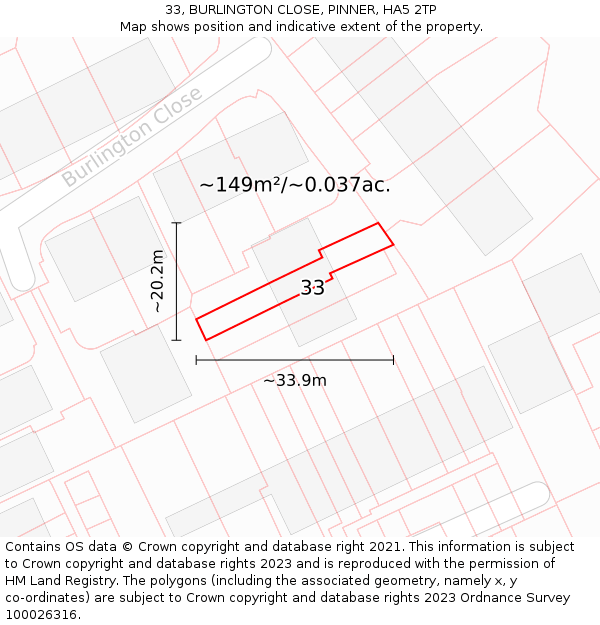 33, BURLINGTON CLOSE, PINNER, HA5 2TP: Plot and title map