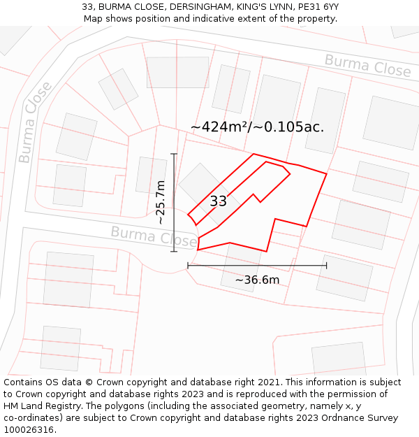 33, BURMA CLOSE, DERSINGHAM, KING'S LYNN, PE31 6YY: Plot and title map