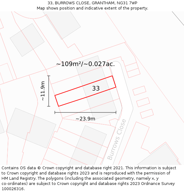 33, BURROWS CLOSE, GRANTHAM, NG31 7WP: Plot and title map