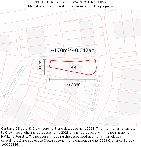 33, BUTTERCUP CLOSE, LOWESTOFT, NR33 8NX: Plot and title map