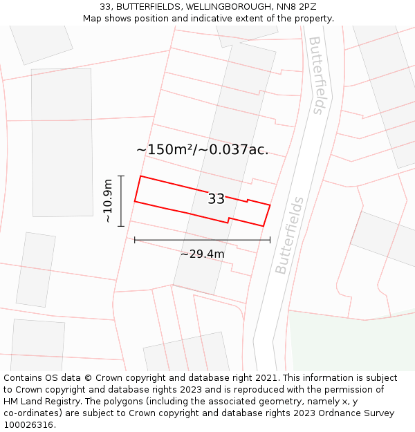 33, BUTTERFIELDS, WELLINGBOROUGH, NN8 2PZ: Plot and title map
