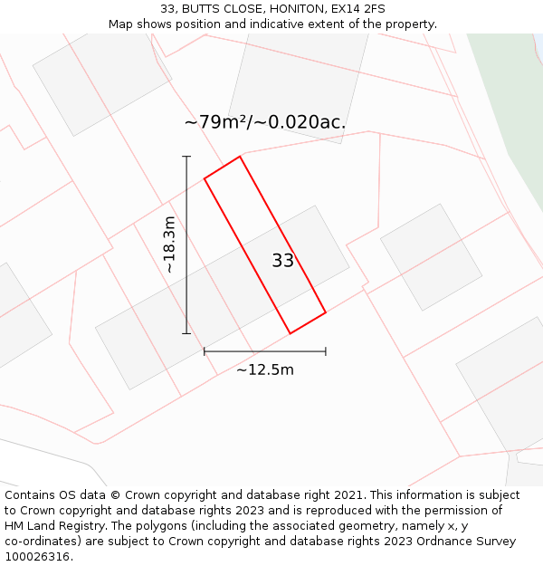 33, BUTTS CLOSE, HONITON, EX14 2FS: Plot and title map