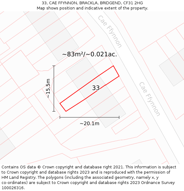 33, CAE FFYNNON, BRACKLA, BRIDGEND, CF31 2HG: Plot and title map