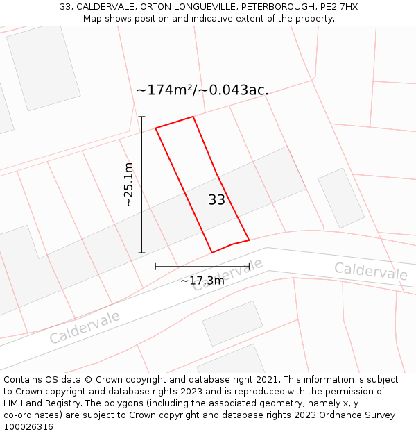 33, CALDERVALE, ORTON LONGUEVILLE, PETERBOROUGH, PE2 7HX: Plot and title map