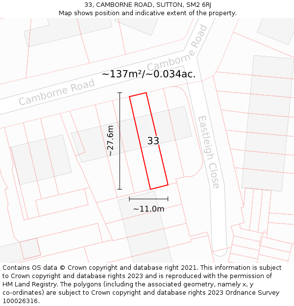 33, CAMBORNE ROAD, SUTTON, SM2 6RJ: Plot and title map