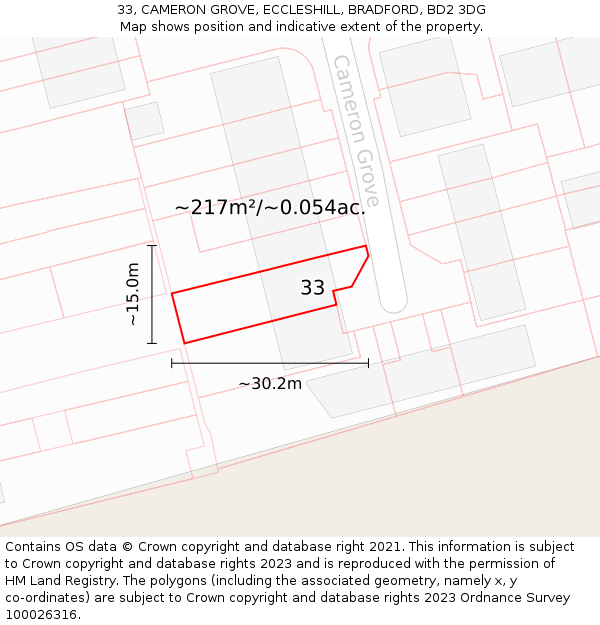 33, CAMERON GROVE, ECCLESHILL, BRADFORD, BD2 3DG: Plot and title map
