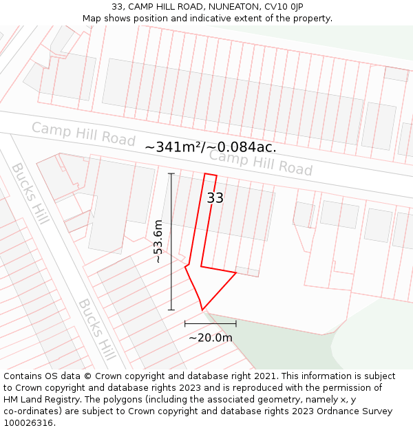 33, CAMP HILL ROAD, NUNEATON, CV10 0JP: Plot and title map