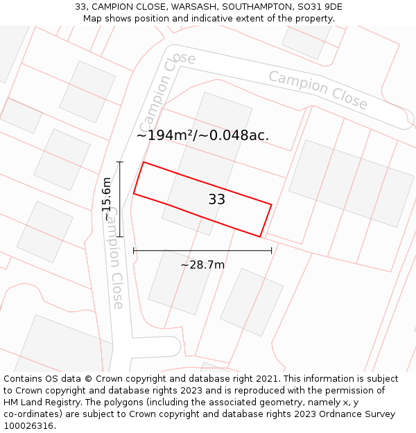 33, CAMPION CLOSE, WARSASH, SOUTHAMPTON, SO31 9DE: Plot and title map