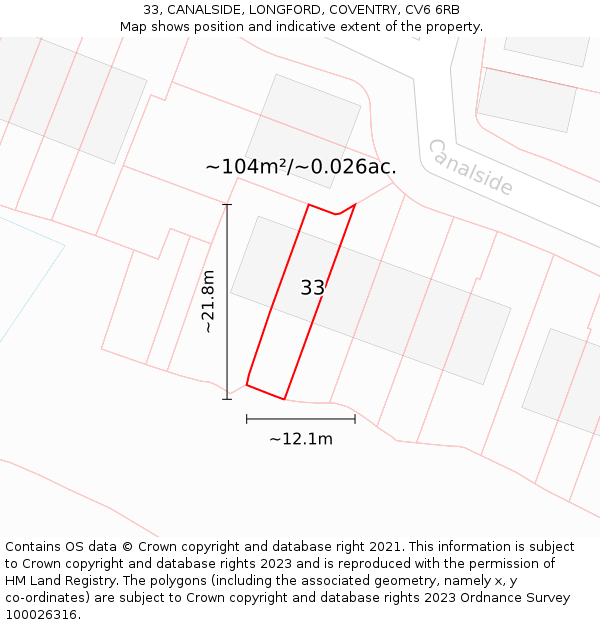33, CANALSIDE, LONGFORD, COVENTRY, CV6 6RB: Plot and title map