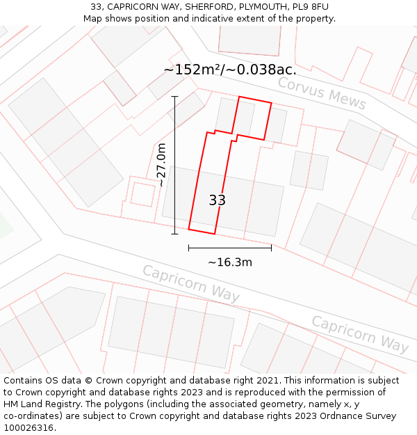 33, CAPRICORN WAY, SHERFORD, PLYMOUTH, PL9 8FU: Plot and title map