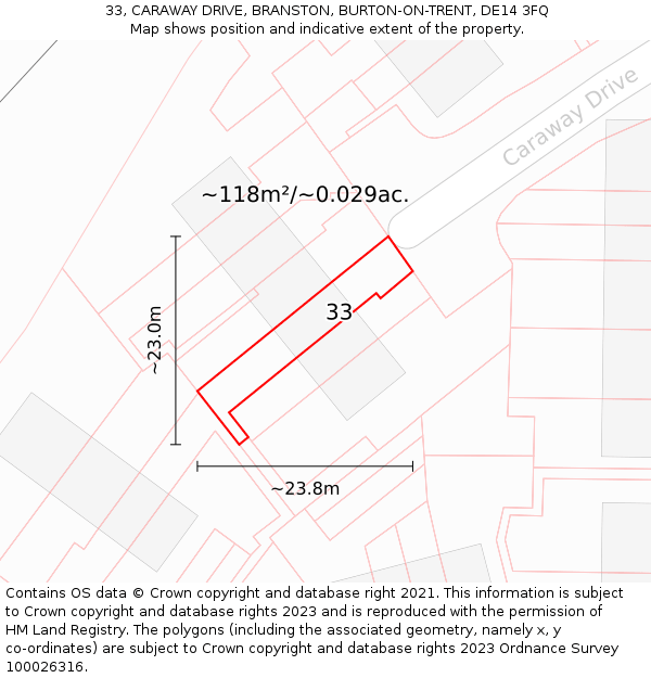 33, CARAWAY DRIVE, BRANSTON, BURTON-ON-TRENT, DE14 3FQ: Plot and title map