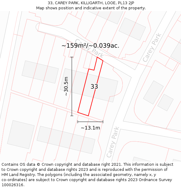 33, CAREY PARK, KILLIGARTH, LOOE, PL13 2JP: Plot and title map