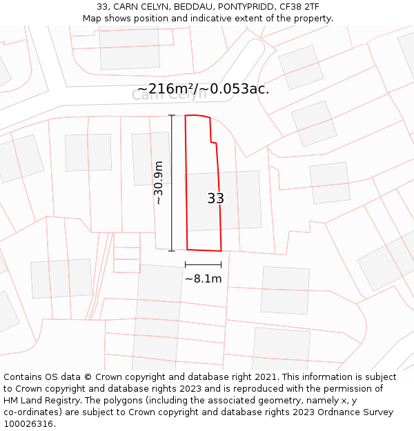 33, CARN CELYN, BEDDAU, PONTYPRIDD, CF38 2TF: Plot and title map