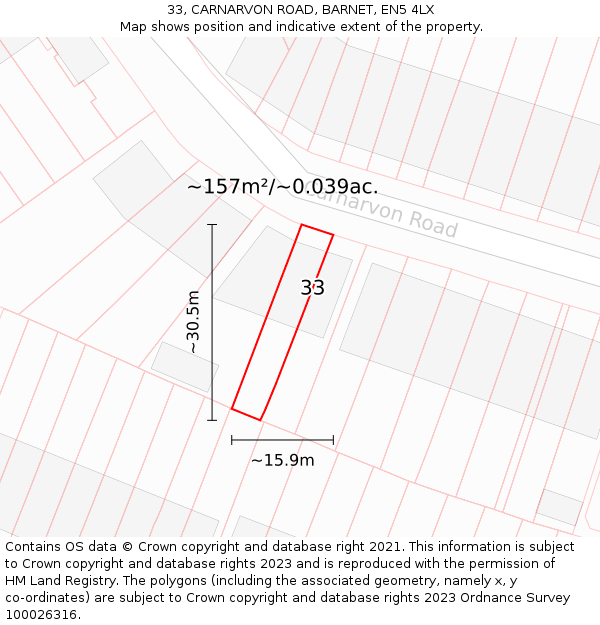 33, CARNARVON ROAD, BARNET, EN5 4LX: Plot and title map