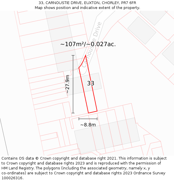 33, CARNOUSTIE DRIVE, EUXTON, CHORLEY, PR7 6FR: Plot and title map
