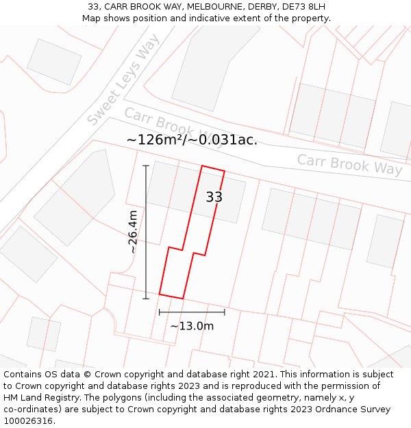 33, CARR BROOK WAY, MELBOURNE, DERBY, DE73 8LH: Plot and title map